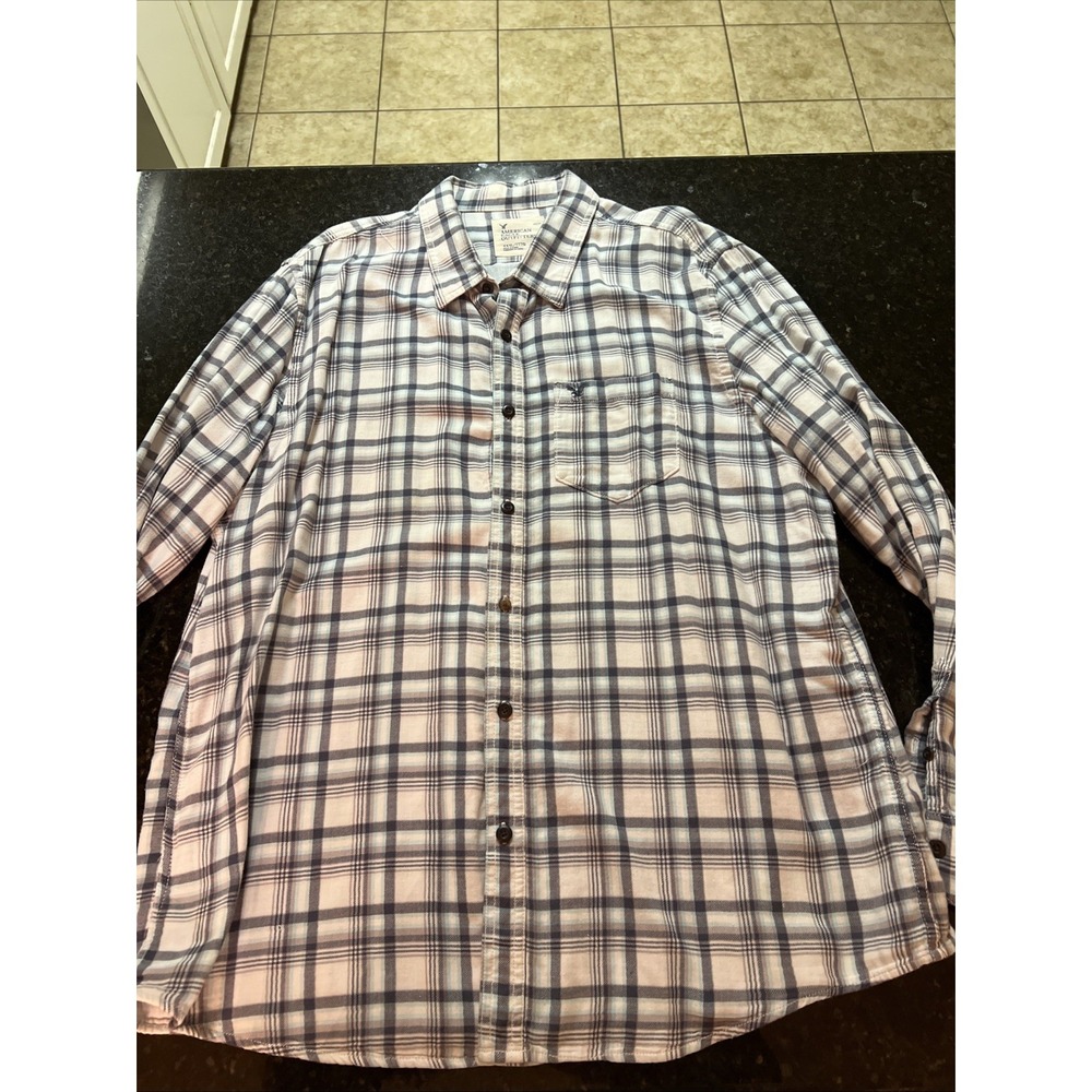 American Eagle Men's Flannel Button Down Up Shirt Sz XXXL White Blue‎ Check 3x